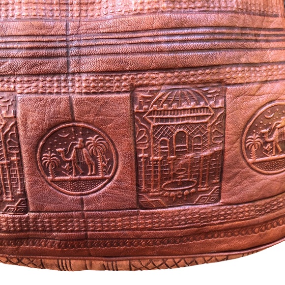 Tooled Vegan Leather Bag Hobo Slouch Drawstring Handmade Chestnut Brown - Picture 7 of 11